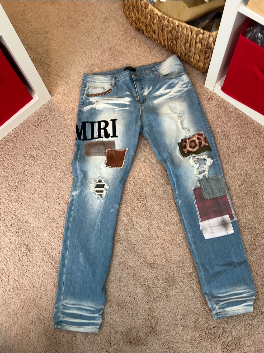 Slim Straight Light Blue Patchwork Men’s Jeans